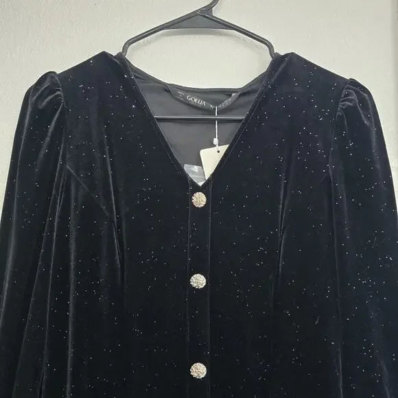 Black Velvet Mini Dress Button Front Long Sleeve Sparkle Holiday Party Cocktail - Picture 3 of 16